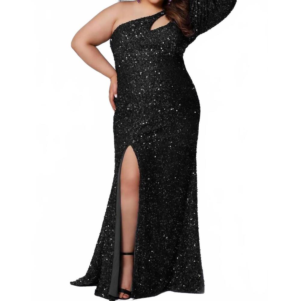 NEW SYDNEY'S CLOSET sequin one shoulder long sleeve gown - plus in onyx